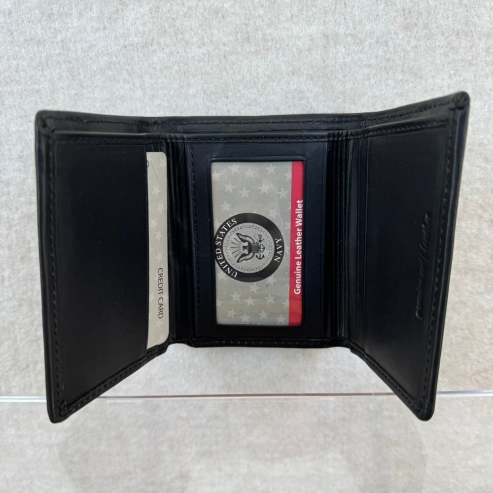 US Navy Black Genuine Leather Mens Trifold Wallet Embossed NWT - Picture 3 of 11